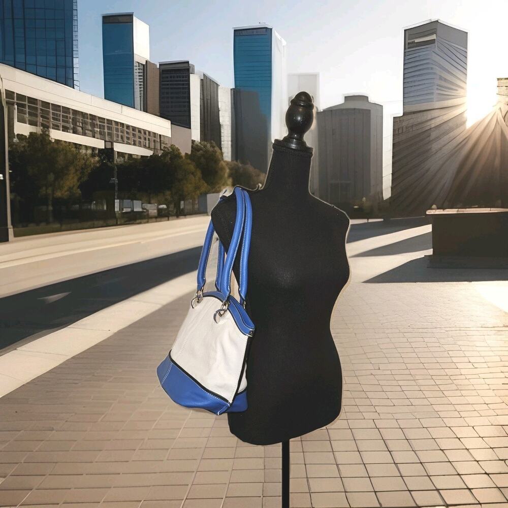 New! Tignanello Blue and White Pebbled Leather Tote Shoulder Bag 16x9x6